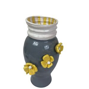 Chic Gray and Yellow Floral Vase with applied flowers Signed One of a Kind!